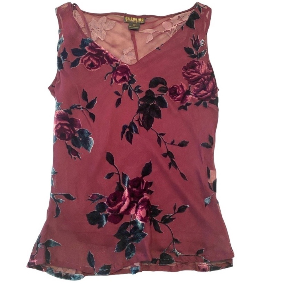 Vintage Georgiou Studio Velvet Floral Blouse Tank with removable camisole Size 4